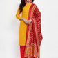 Women Mustard Yellow & Red Embroidered Kurta with Palazzos & Dupatta (JOKPL R-D8R 1293 Mustard)