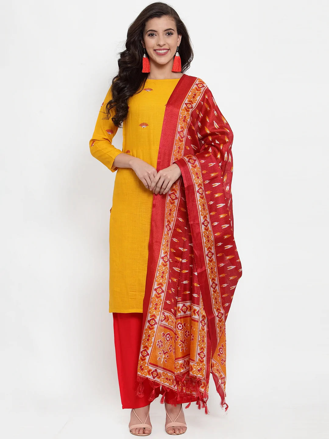 Women Mustard Yellow & Red Embroidered Kurta with Palazzos & Dupatta (JOKPL R-D8R 1293 Mustard)