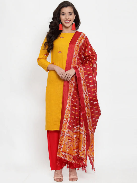 Women Mustard Yellow & Red Embroidered Kurta with Palazzos & Dupatta (JOKPL R-D8R 1293 Mustard)