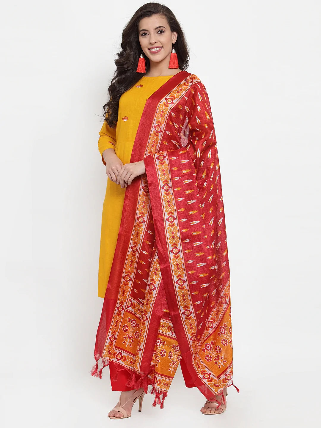 Women Mustard Yellow & Red Embroidered Kurta with Palazzos & Dupatta (JOKPL R-D8R 1293 Mustard)