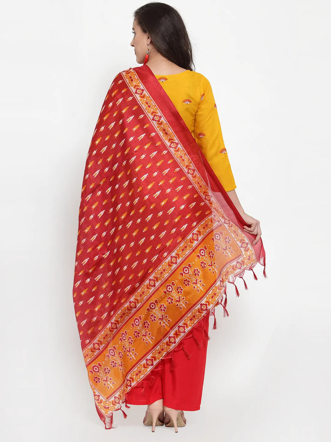 Women Mustard Yellow & Red Embroidered Kurta with Palazzos & Dupatta (JOKPL R-D8R 1293 Mustard)