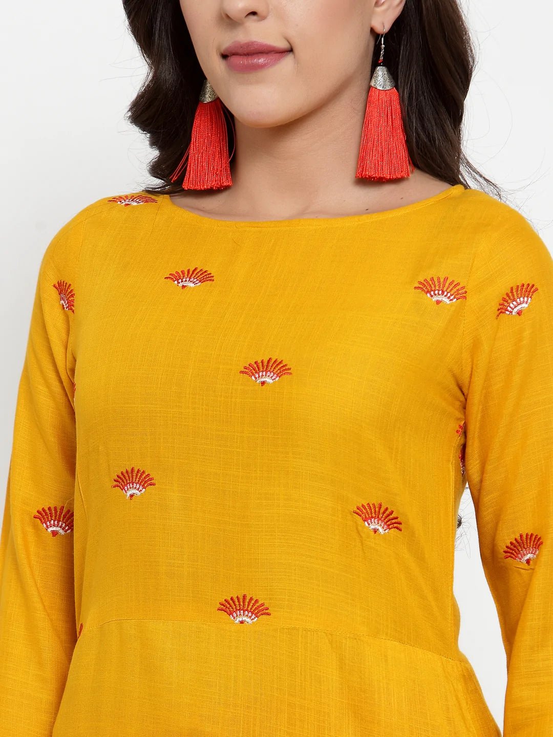 Women Mustard Yellow & Red Embroidered Kurta with Palazzos & Dupatta (JOKPL R-D8R 1293 Mustard)