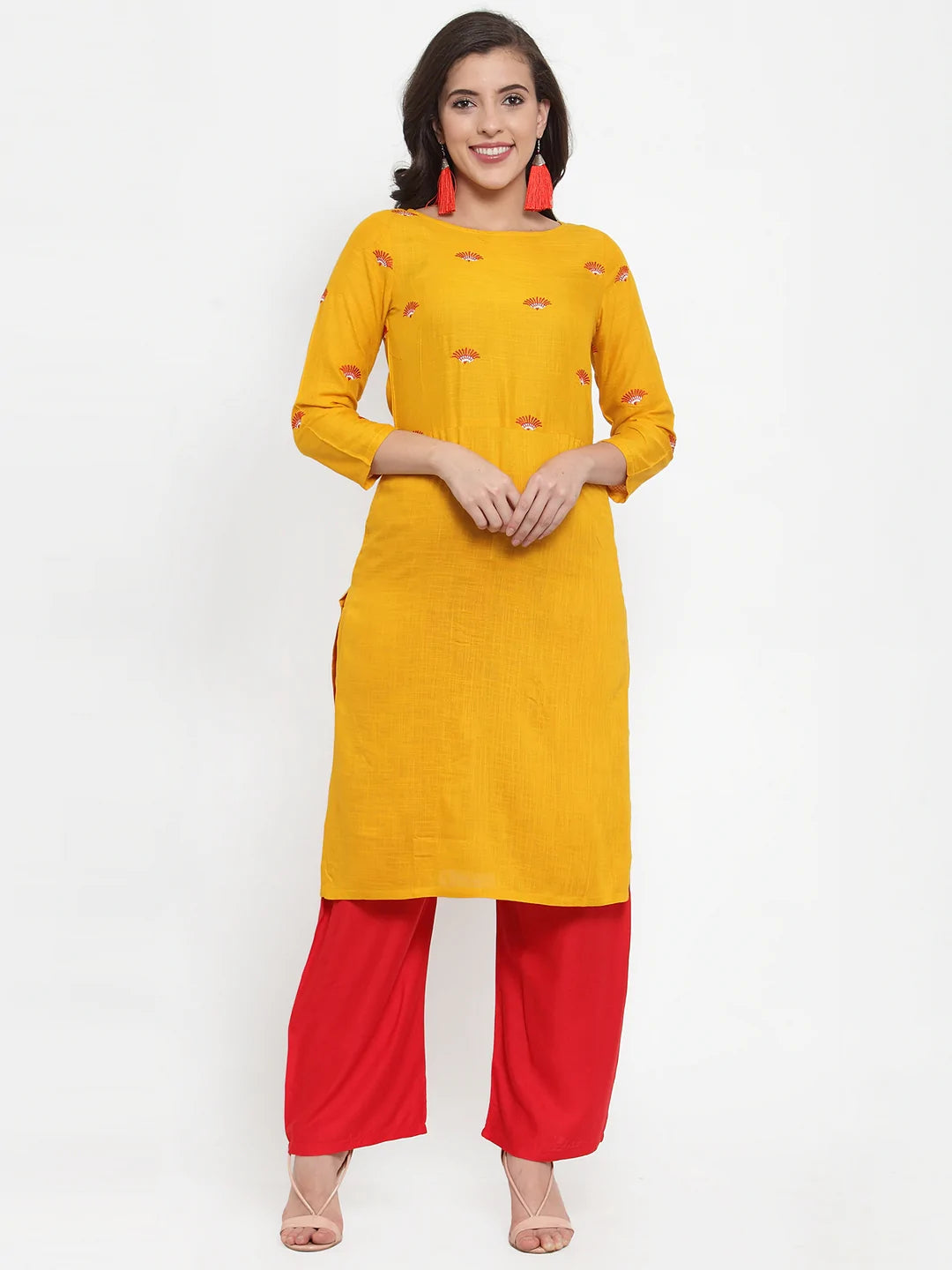 Women Mustard Yellow & Red Embroidered Kurta with Palazzos & Dupatta (JOKPL R-D8R 1293 Mustard)