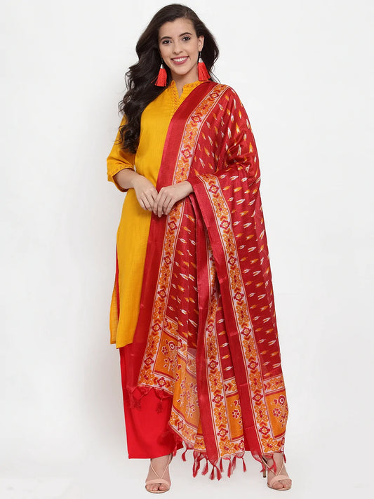 Women Mustard Yellow & Red Embroidered Kurta with Palazzos & Dupatta (JOKPL R-D8R 1294 Mustard)