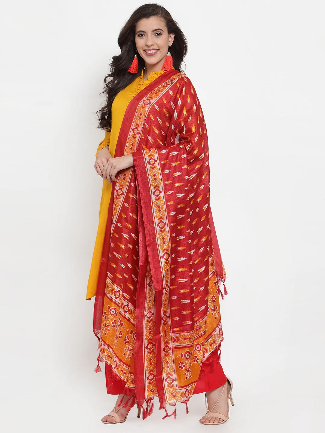 Women Mustard Yellow & Red Embroidered Kurta with Palazzos & Dupatta (JOKPL R-D8R 1294 Mustard)