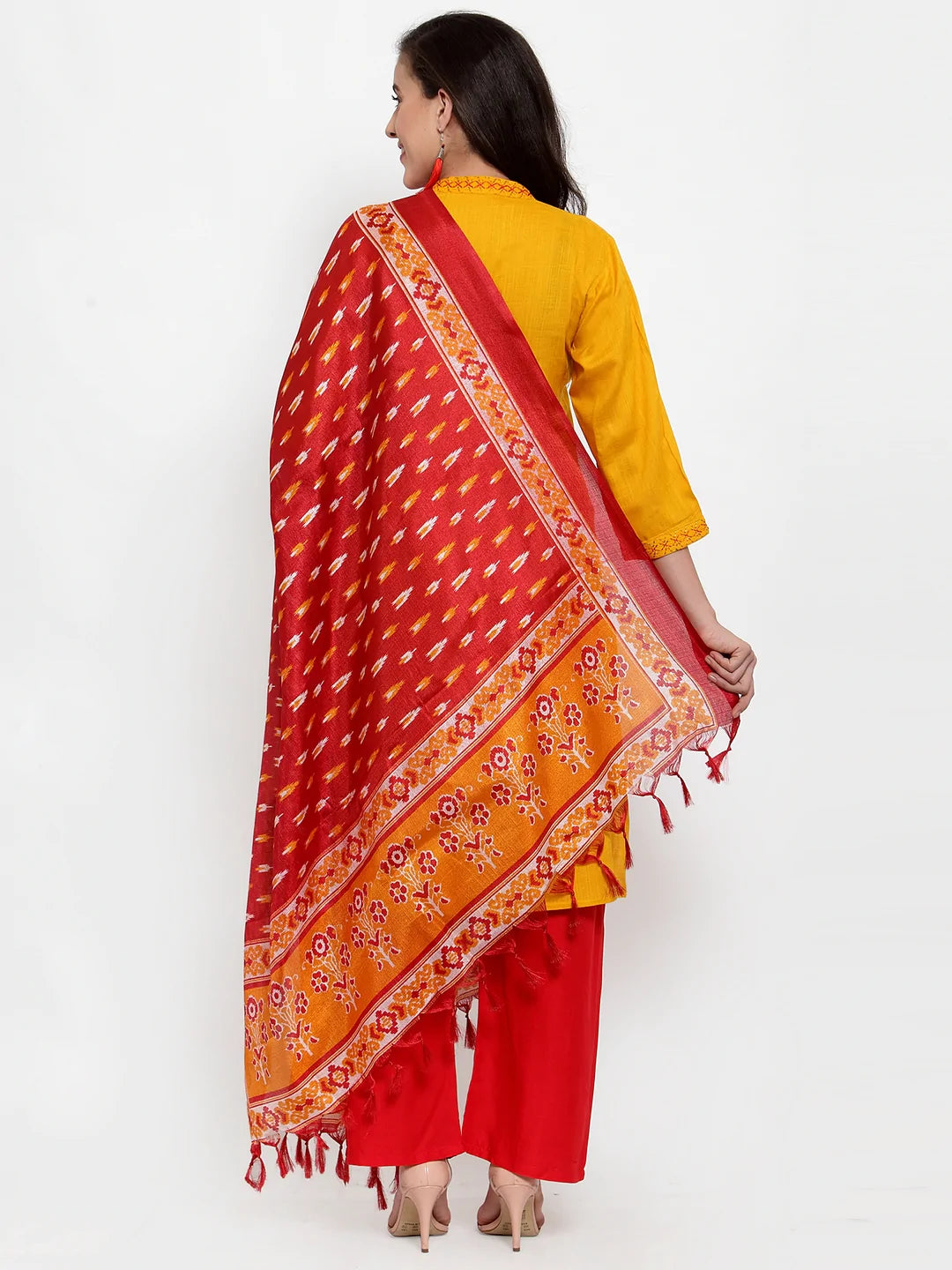 Women Mustard Yellow & Red Embroidered Kurta with Palazzos & Dupatta (JOKPL R-D8R 1294 Mustard)