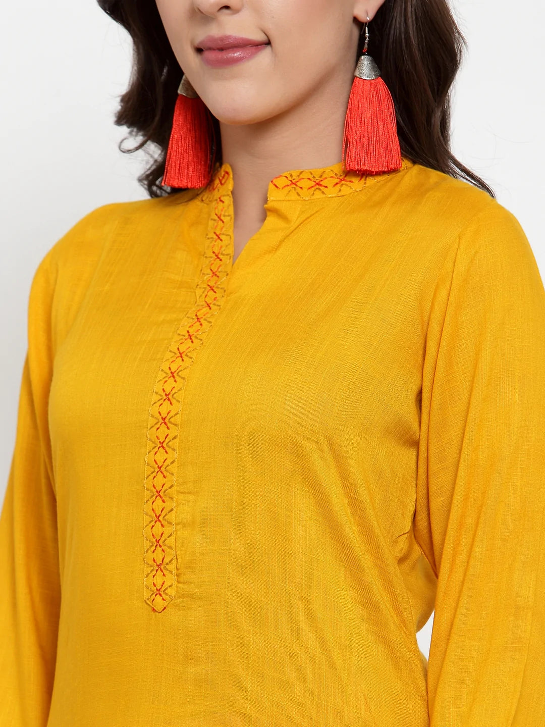 Women Mustard Yellow & Red Embroidered Kurta with Palazzos & Dupatta (JOKPL R-D8R 1294 Mustard)