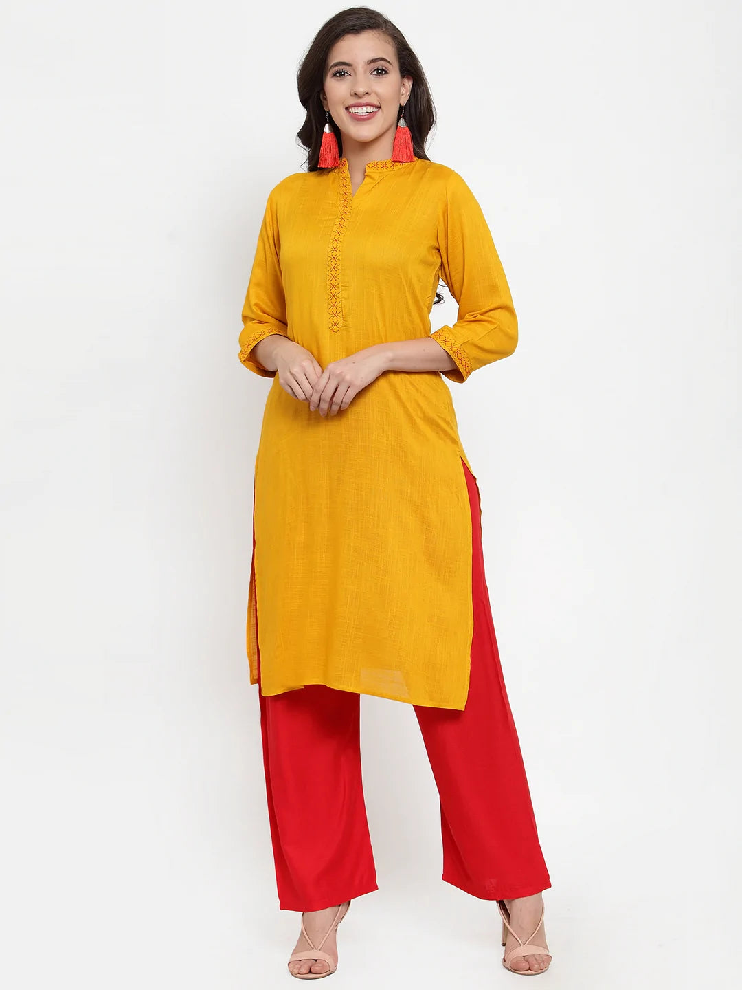 Women Mustard Yellow & Red Embroidered Kurta with Palazzos & Dupatta (JOKPL R-D8R 1294 Mustard)