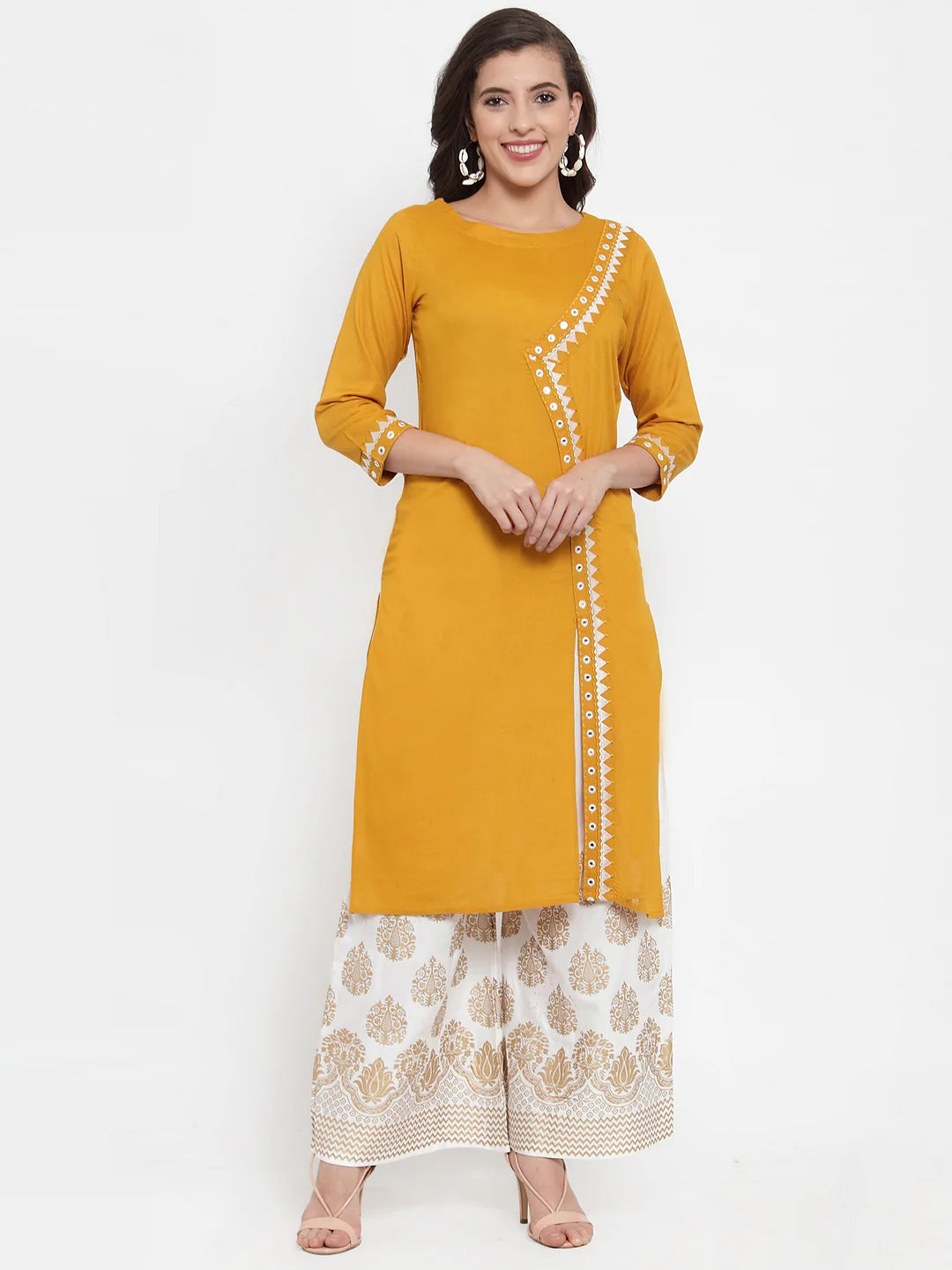 Women Mustard Yellow & Off-White Embroidered Kurta with Palazzos (JOKPL WG 1311 Mustard)