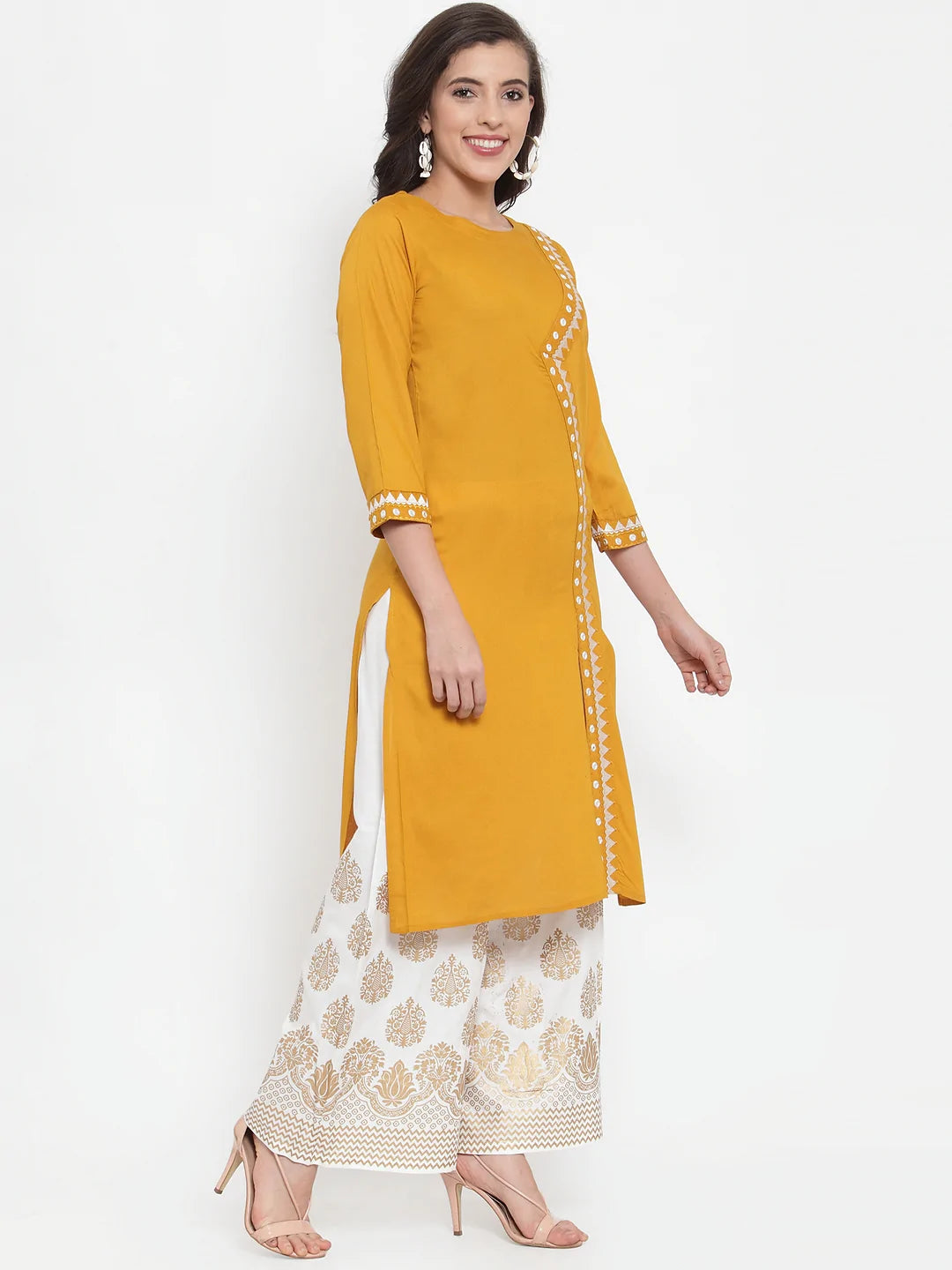 Women Mustard Yellow & Off-White Embroidered Kurta with Palazzos (JOKPL WG 1311 Mustard)