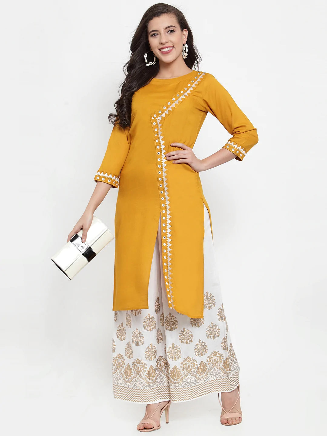 Women Mustard Yellow & Off-White Embroidered Kurta with Palazzos (JOKPL WG 1311 Mustard)