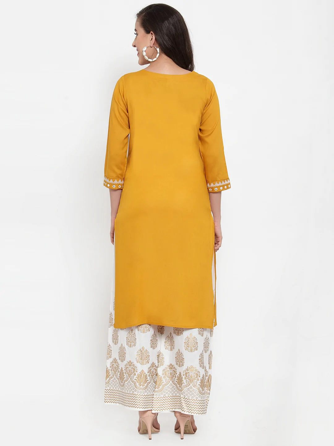 Women Mustard Yellow & Off-White Embroidered Kurta with Palazzos (JOKPL WG 1311 Mustard)