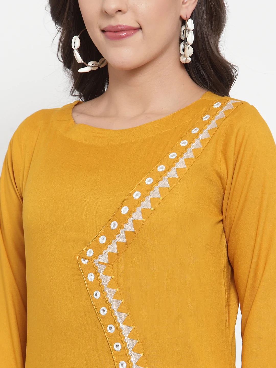 Women Mustard Yellow & Off-White Embroidered Kurta with Palazzos (JOKPL WG 1311 Mustard)