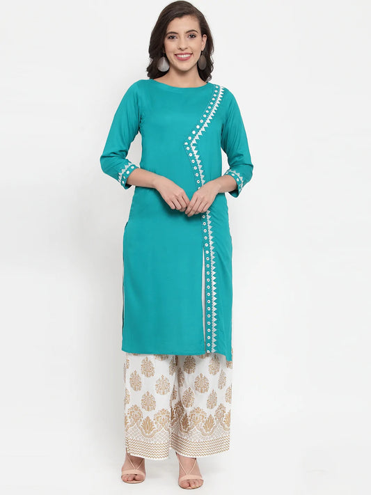 Women Rama Green & Off-White Embroidered Kurta with Palazzos (JOKPL WG 1311 Rama)