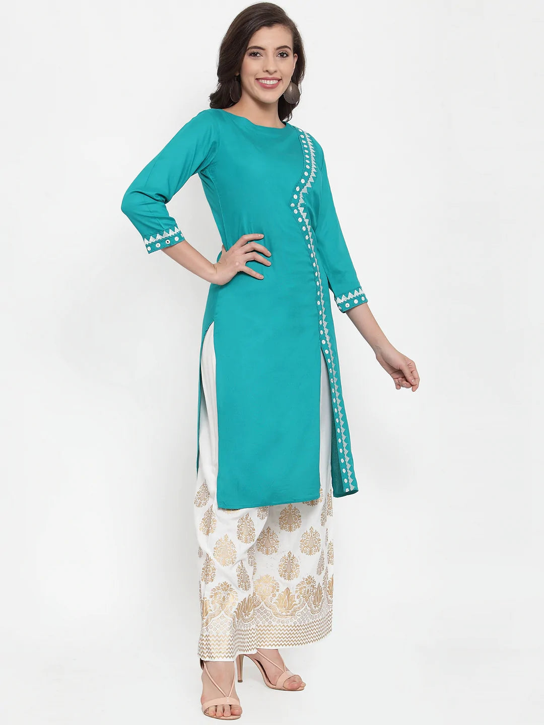 Women Rama Green & Off-White Embroidered Kurta with Palazzos (JOKPL WG 1311 Rama)