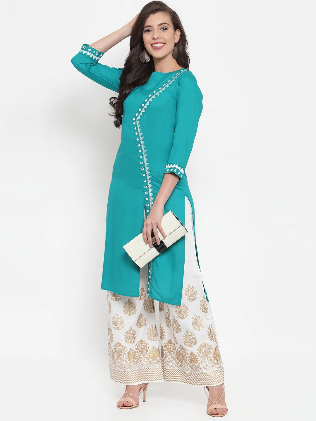 Women Rama Green & Off-White Embroidered Kurta with Palazzos (JOKPL WG 1311 Rama)