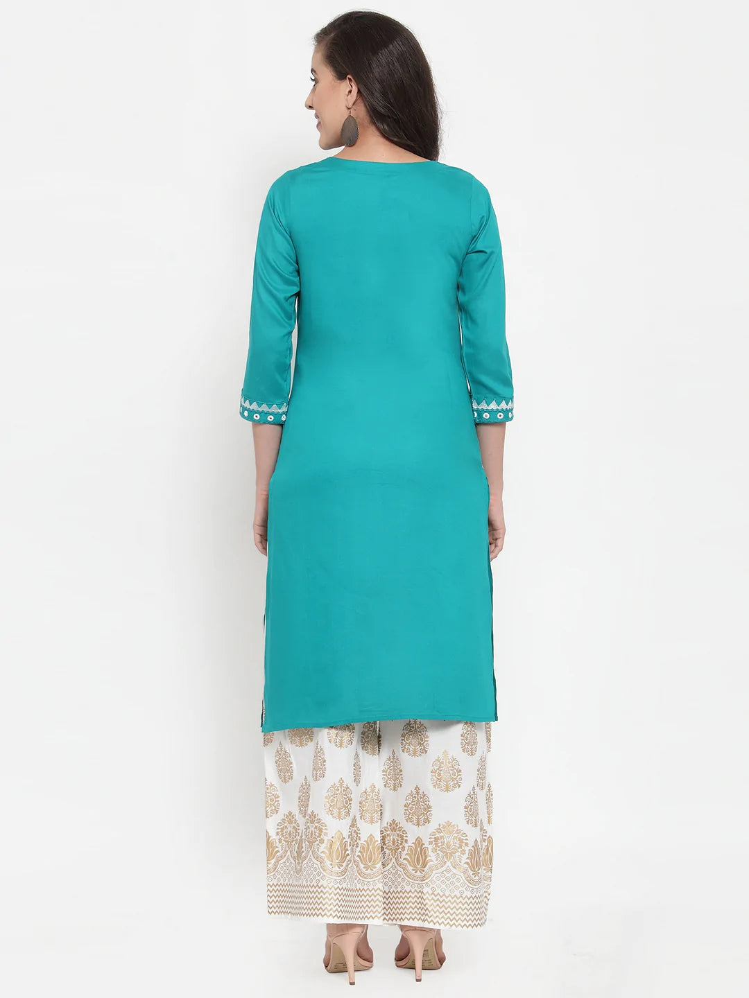 Women Rama Green & Off-White Embroidered Kurta with Palazzos (JOKPL WG 1311 Rama)