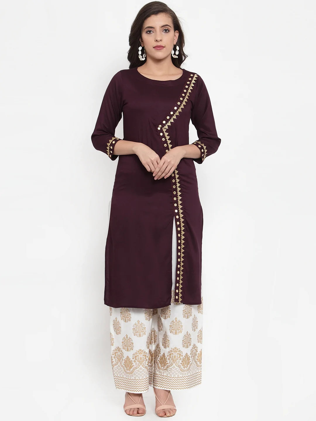 Women Purple Embroidered Kurta with Palazzos (JOKPL WG 1311 Wine)