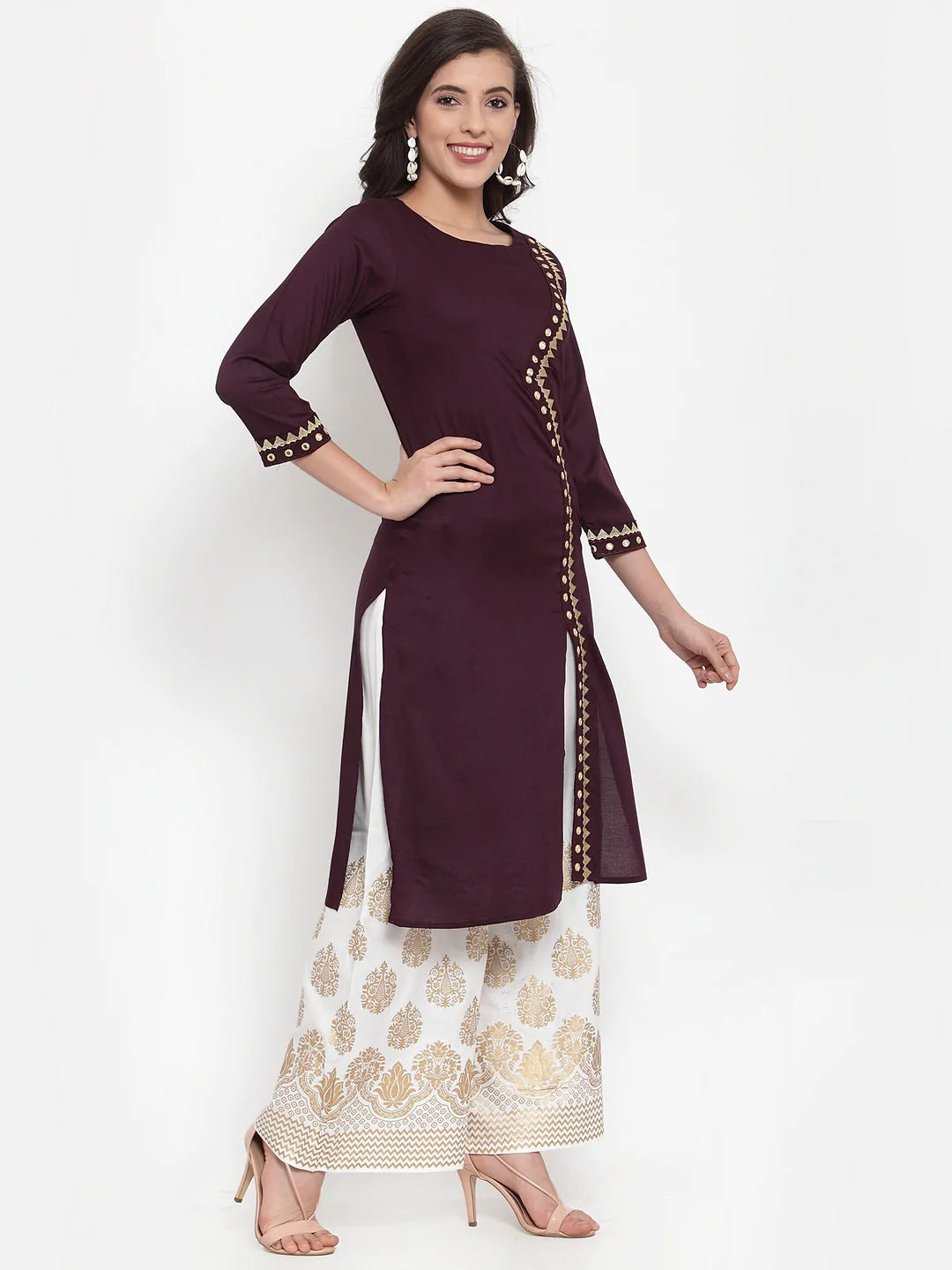 Women Purple Embroidered Kurta with Palazzos (JOKPL WG 1311 Wine)