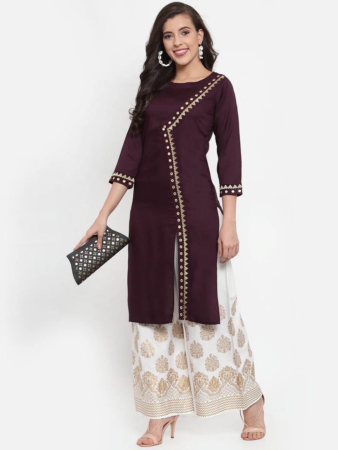 Women Purple Embroidered Kurta with Palazzos (JOKPL WG 1311 Wine)