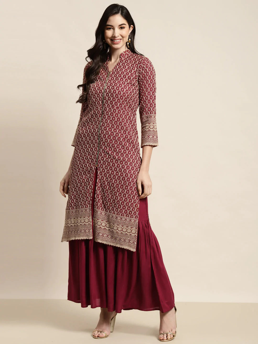 Maroon Embroidered Kurta with Sharara ( JOKPS 1448 Maroon )