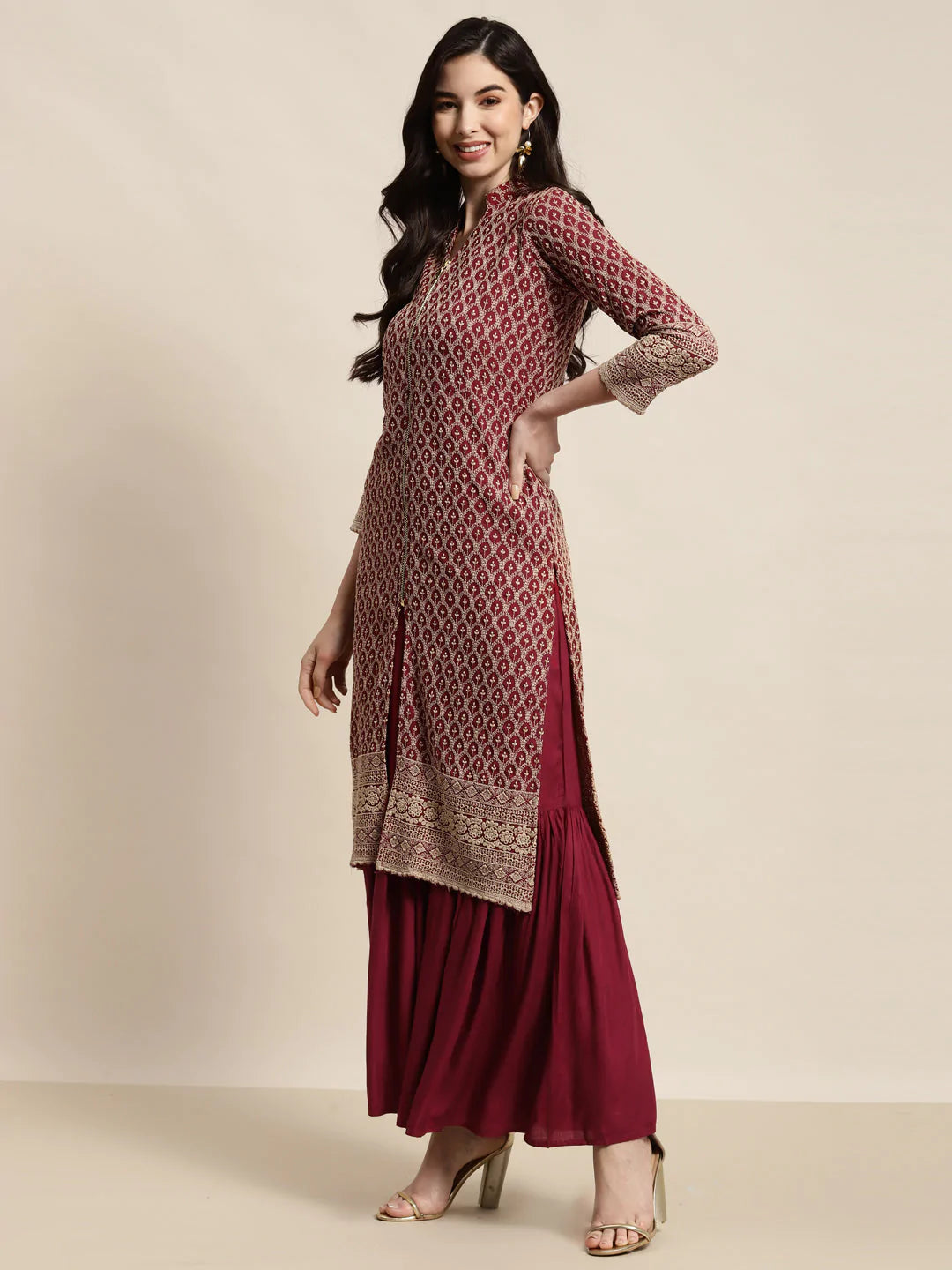 Maroon Embroidered Kurta with Sharara ( JOKPS 1448 Maroon )