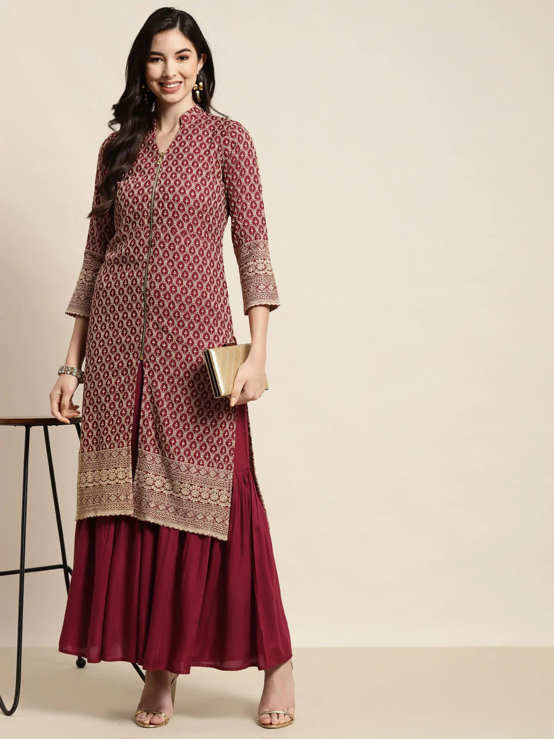 Maroon Embroidered Kurta with Sharara ( JOKPS 1448 Maroon )