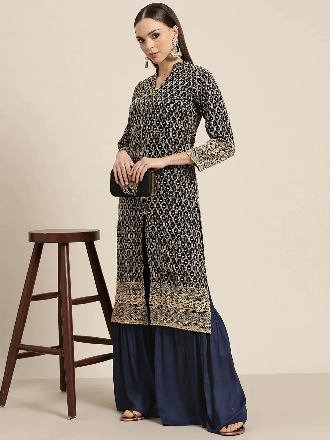 Navy Embroidered Kurta with Sharara ( JOKPS 1448 Navy )