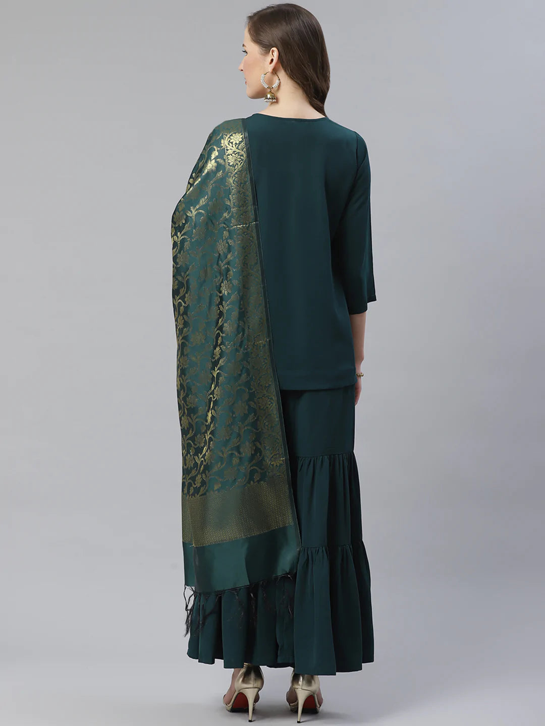 Jompers Women Green & Golden Solid Kurti with Sharara & Woven Design Dupatta (JOKPS D14G 1349 Green)