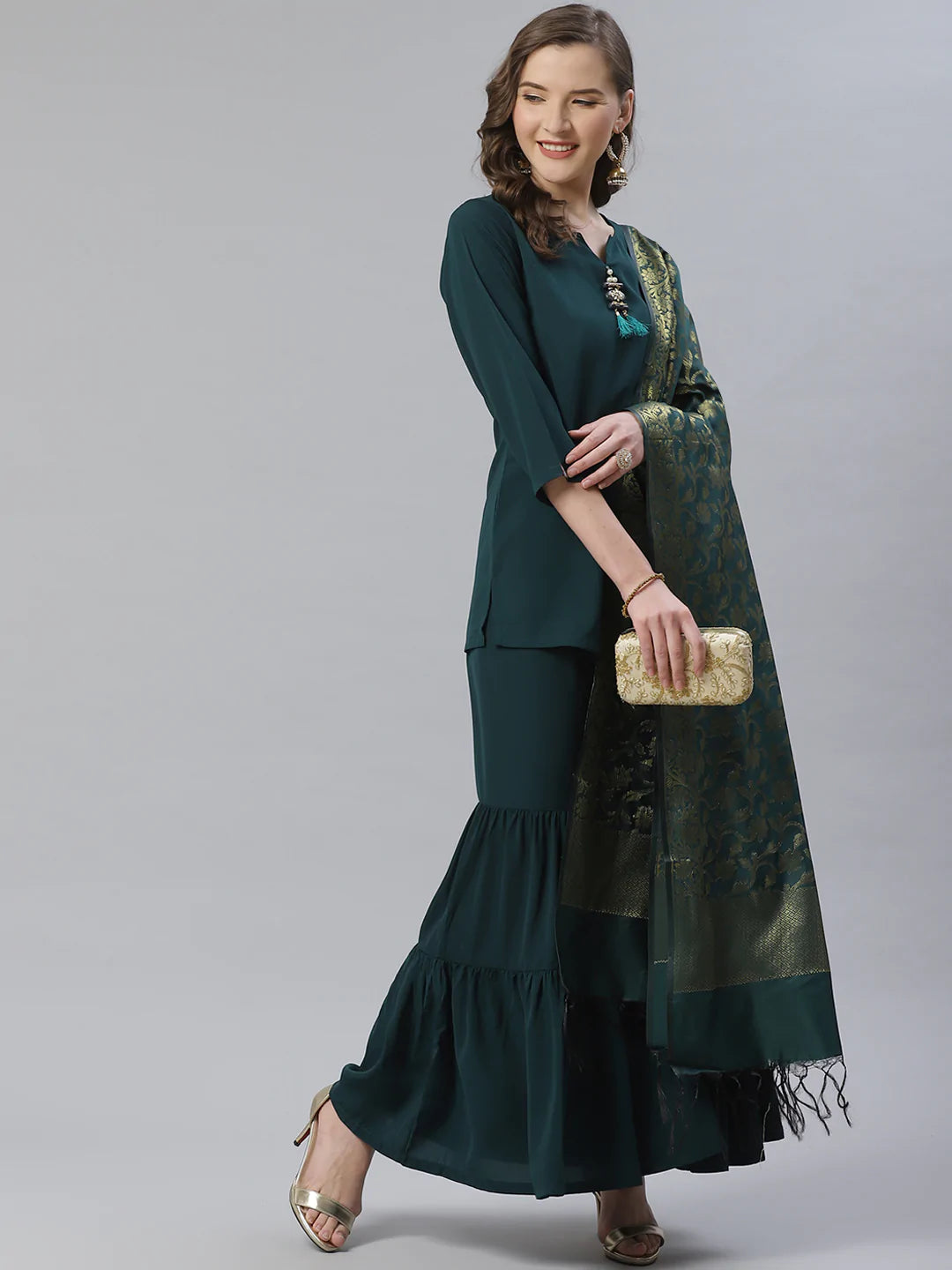 Jompers Women Green & Golden Solid Kurti with Sharara & Woven Design Dupatta (JOKPS D14G 1349 Green)
