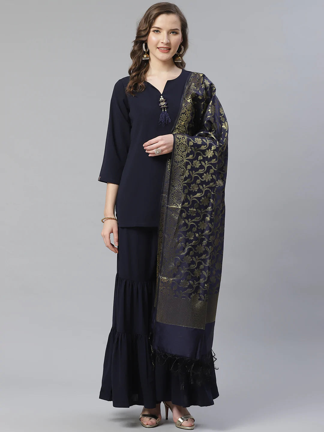 Jompers Women Navy Blue & Golden Solid Kurti with Sharara & Woven Design Dupatta (JOKPS D14NB 1349 Navy)