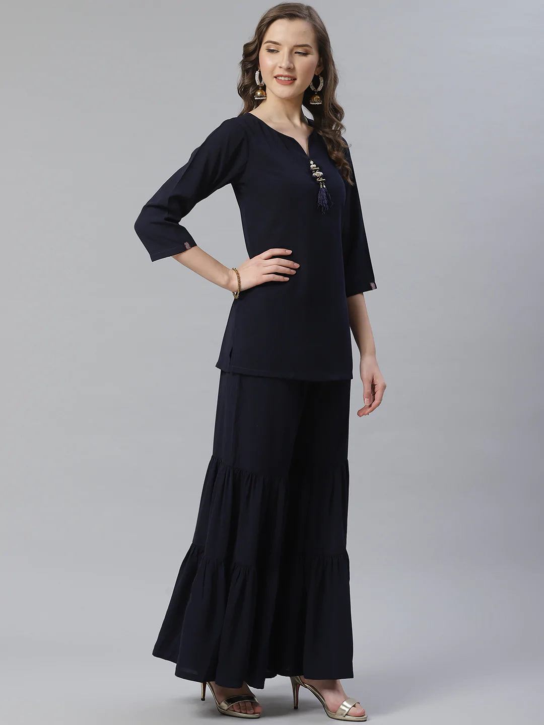 Jompers Women Navy Blue & Golden Solid Kurti with Sharara & Woven Design Dupatta (JOKPS D14NB 1349 Navy)