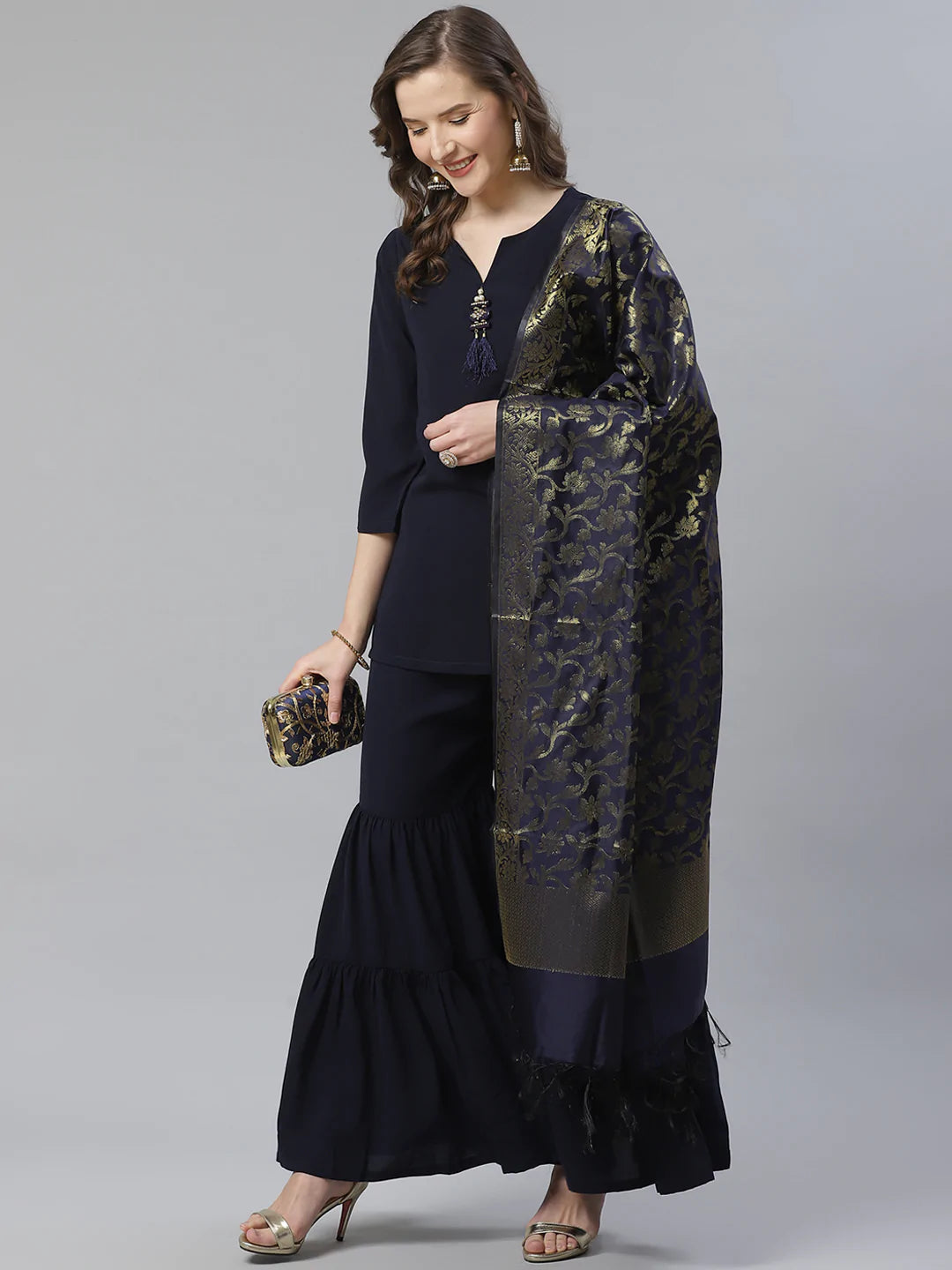 Jompers Women Navy Blue & Golden Solid Kurti with Sharara & Woven Design Dupatta (JOKPS D14NB 1349 Navy)