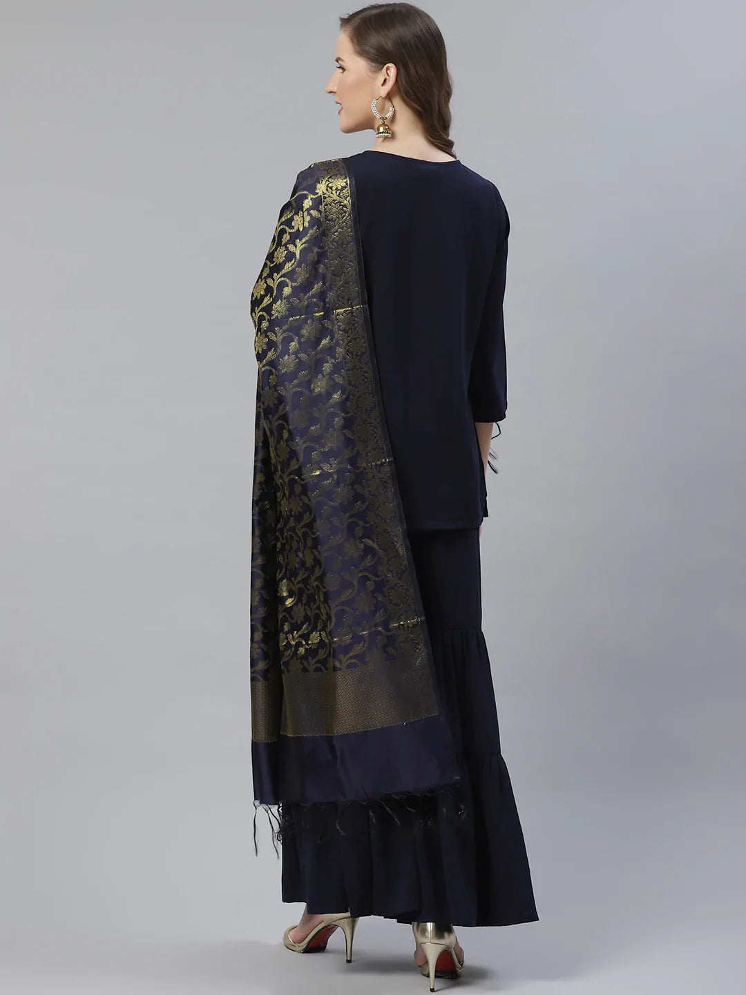 Jompers Women Navy Blue & Golden Solid Kurti with Sharara & Woven Design Dupatta (JOKPS D14NB 1349 Navy)