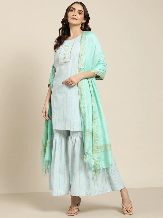Women Turquoise Blue Woven Design Gotta Patti Kurta with Sharara & Dupatta ( JOKPS D20F 1438 Firozi )