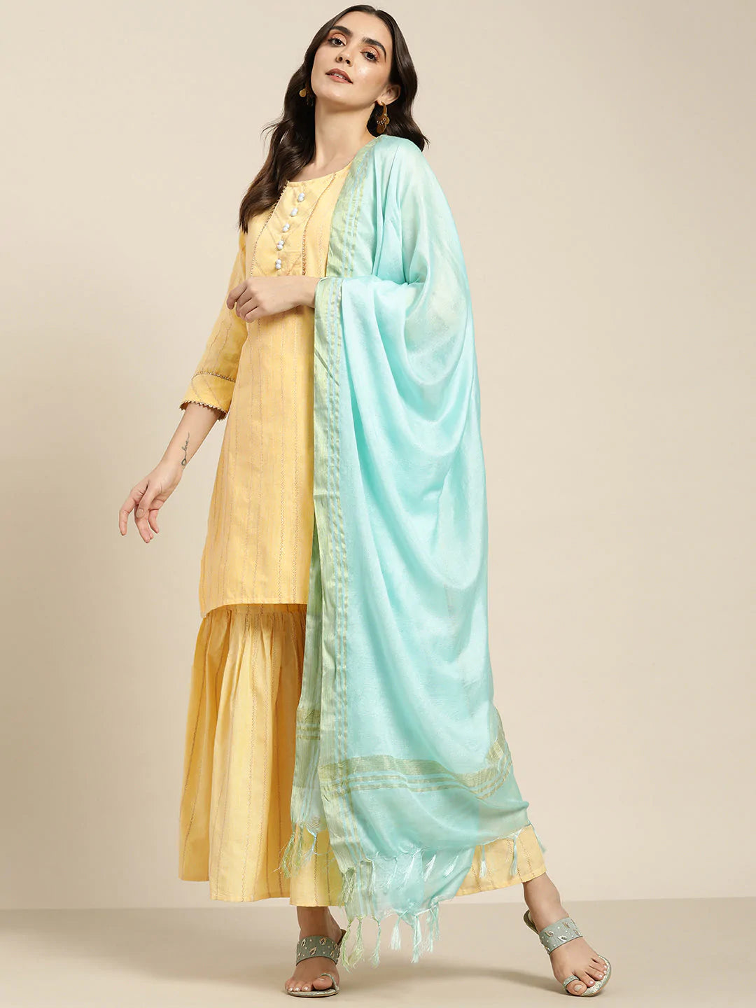 Women Yellow Woven Design Gotta Patti Kurta with Sharara & Dupatta ( JOKPS D20F 1438 Yellow )