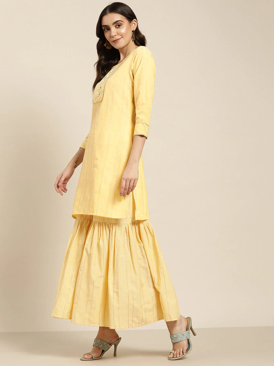 Women Yellow Woven Design Gotta Patti Kurta with Sharara & Dupatta ( JOKPS D20F 1438 Yellow )