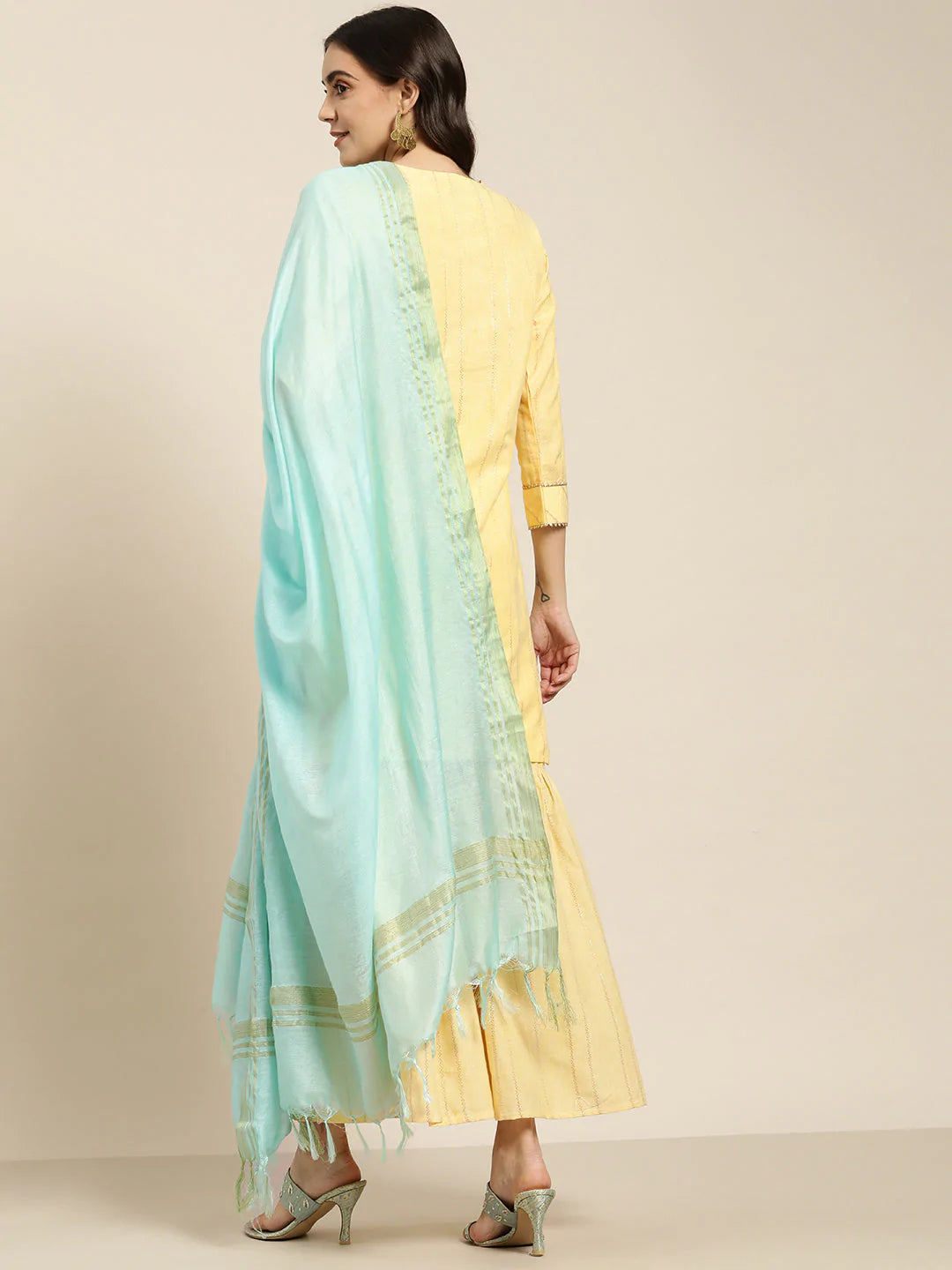 Women Yellow Woven Design Gotta Patti Kurta with Sharara & Dupatta ( JOKPS D20F 1438 Yellow )