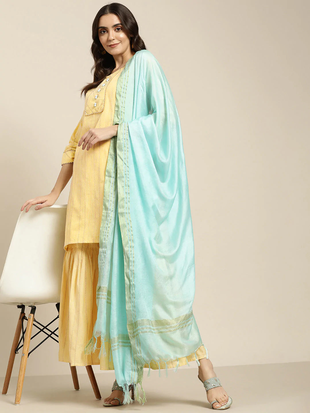 Women Yellow Woven Design Gotta Patti Kurta with Sharara & Dupatta ( JOKPS D20F 1438 Yellow )