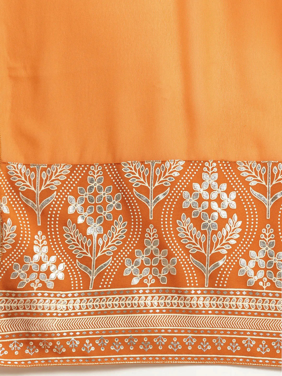 Women Orange & Silver Ethnic Motifs Foil Printed Straight Kurta Sharara Dupatta ( JOKPS D32O 1444 Orange )