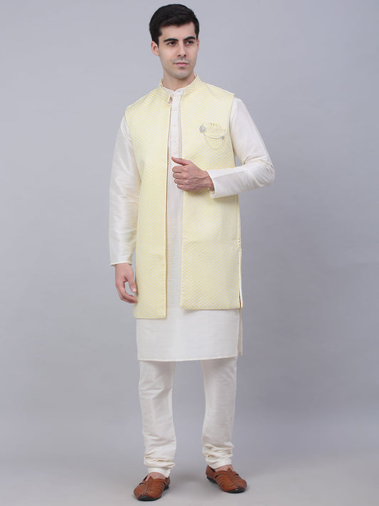 Men's Solid Kurta Pyjama With Shrug Jacket ( JOKPWCS W-D 4067Yellow )