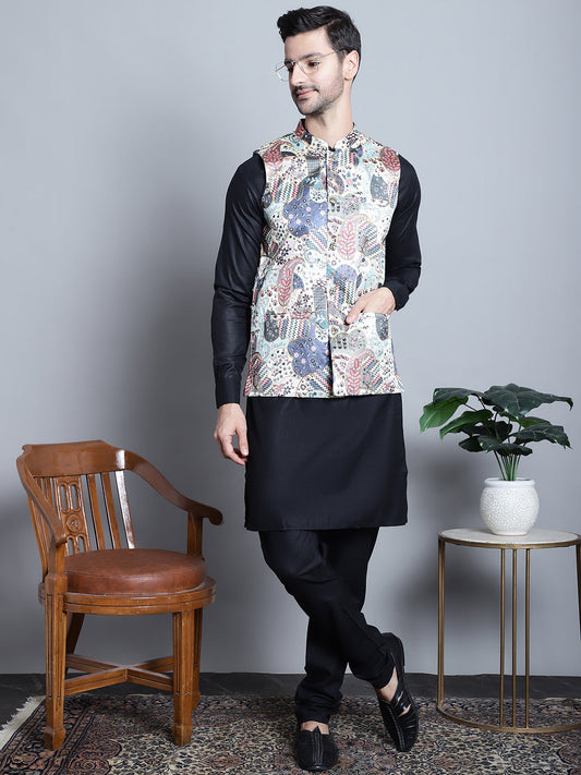 Men's Digital Print and Zari Work Nehru Jacket With Kurta Pyjama Set ( JOKPWC 592B 4086 Blue )