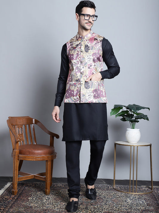 Men's Digital Print and Zari Work Nehru Jacket With Kurta Pyjama Set ( JOKPWC 592B 4086 Purple )