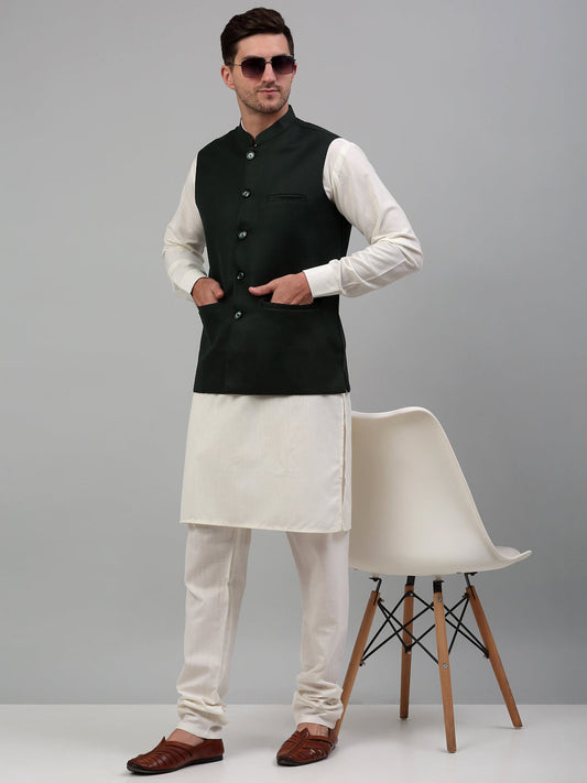 Men Nehru Jacket with White Kurta Pyjama. ( JOKPWC 592W 4046 Olive )