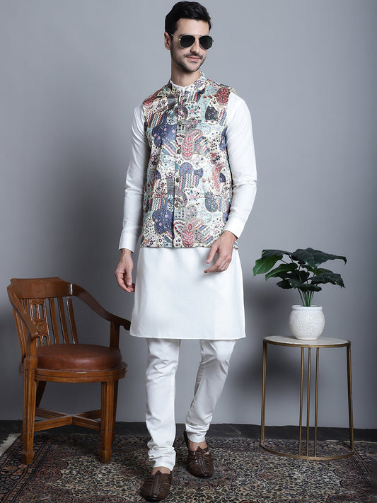 Men's Digital Print and Zari Work Nehru Jacket With Kurta Pyjama Set ( JOKPWC 592W 4086 Blue )