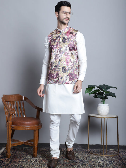 Men's Digital Print and Zari Work Nehru Jacket With Kurta Pyjama Set ( JOKPWC 592W 4086 Purple )