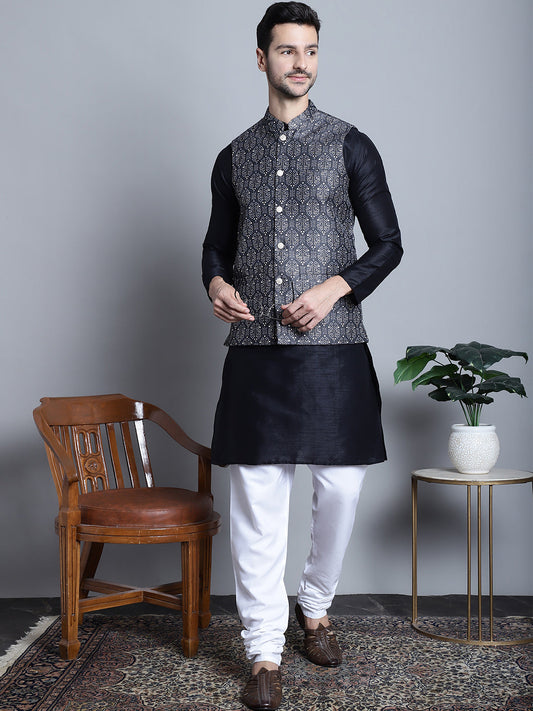 Men's Printed Nehru Jacket With Kurta Pyjama Set ( JOKPWC 636B 4084 Charcoal )