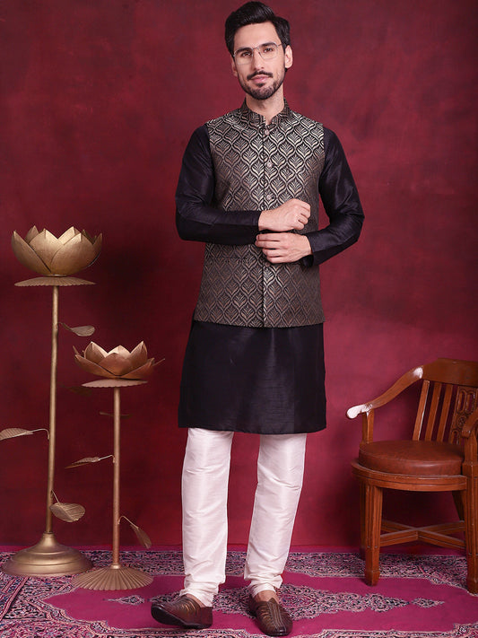 Woven Design Nehru Jacket With Kurta Pyjama Set ( JOKPWC 636B 4088 Golden )