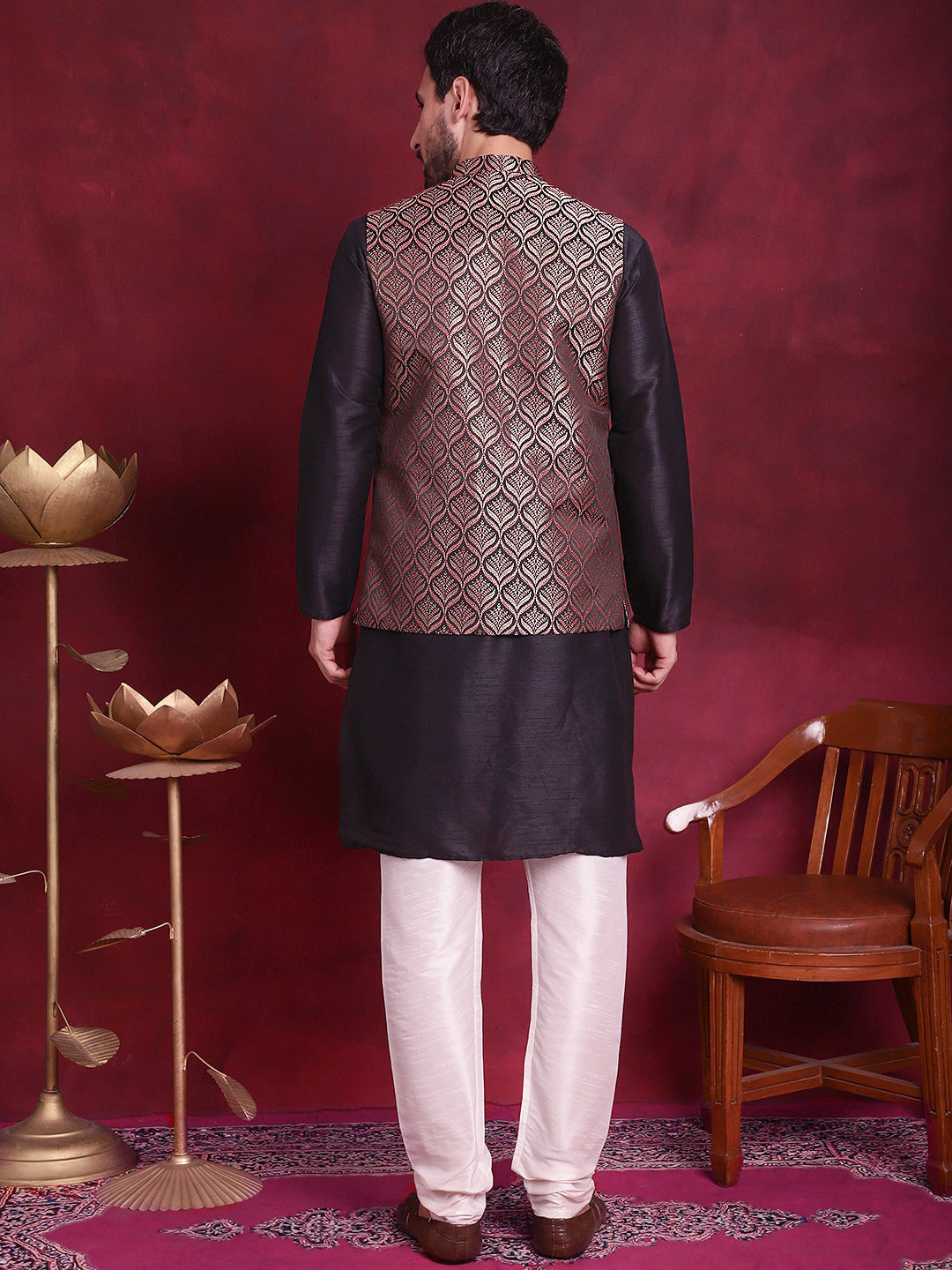 Woven Design Nehru Jacket With Kurta Pyjama Set ( JOKPWC 636B 4088 Maroon )