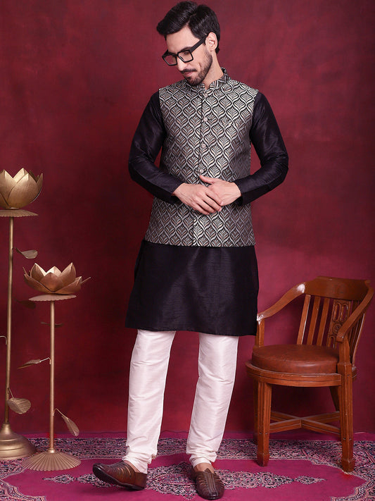 Woven Design Nehru Jacket With Kurta Pyjama Set ( JOKPWC 636B 4088 Silver )